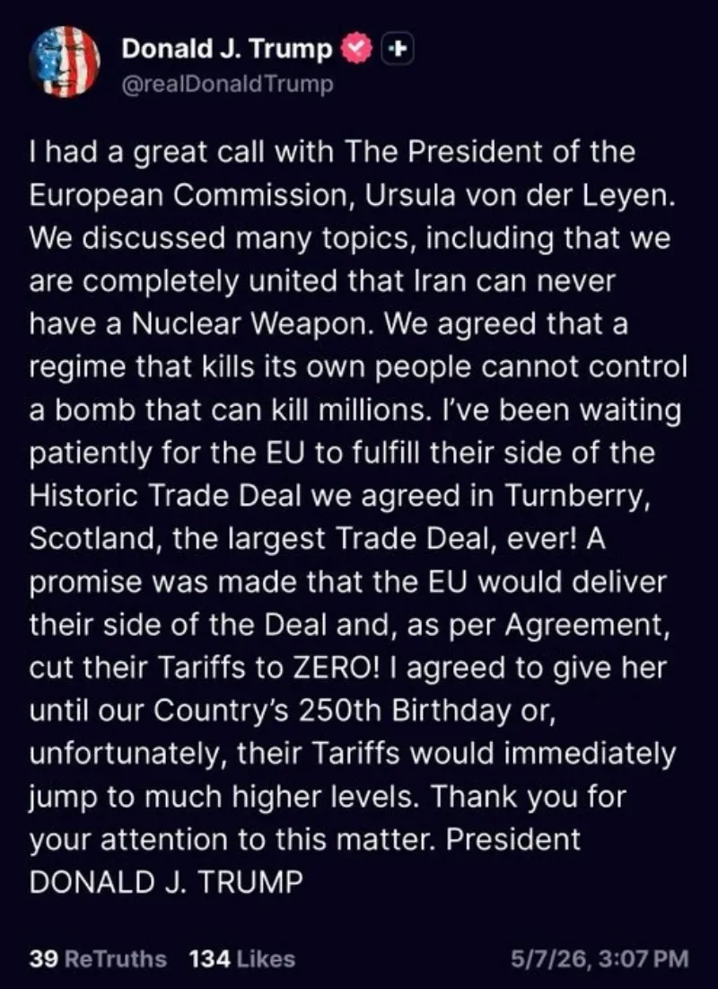 &Ocirc;ng Trump cho biết EU c&oacute; thời hạn đến ng&agrave;y 4/7 để ho&agrave;n tất thỏa thuận thương mại với Mỹ. Nếu kh&ocirc;ng, mức thuế nhập khẩu đối với EU c&oacute; thể sẽ bị n&acirc;ng l&ecirc;n đ&aacute;ng kể.